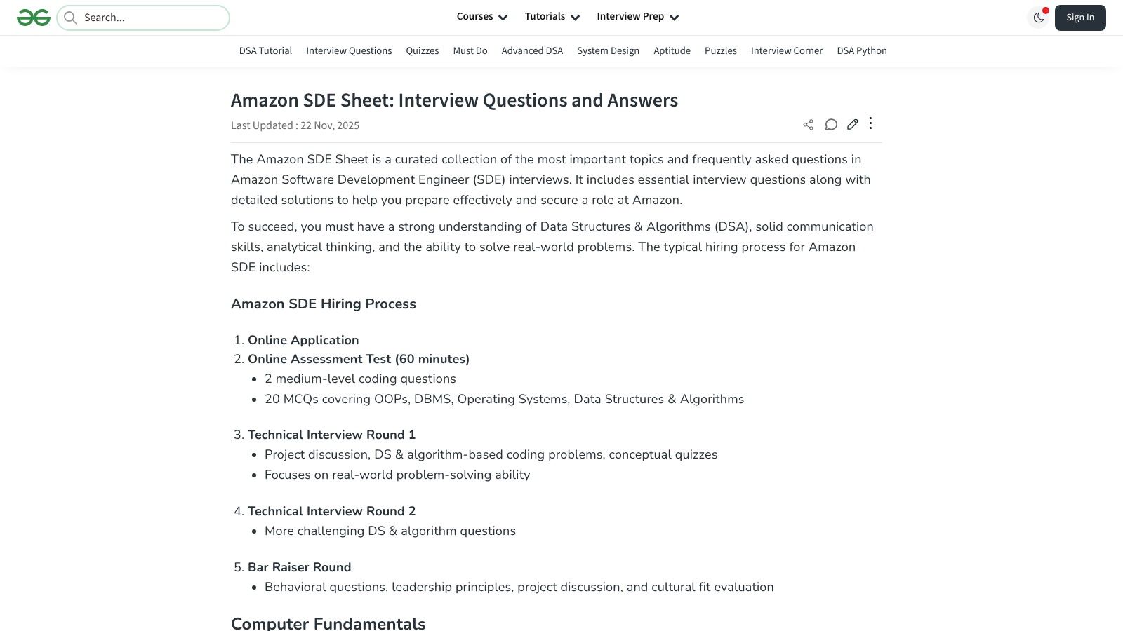 GeeksforGeeks – Amazon SDE Sheet