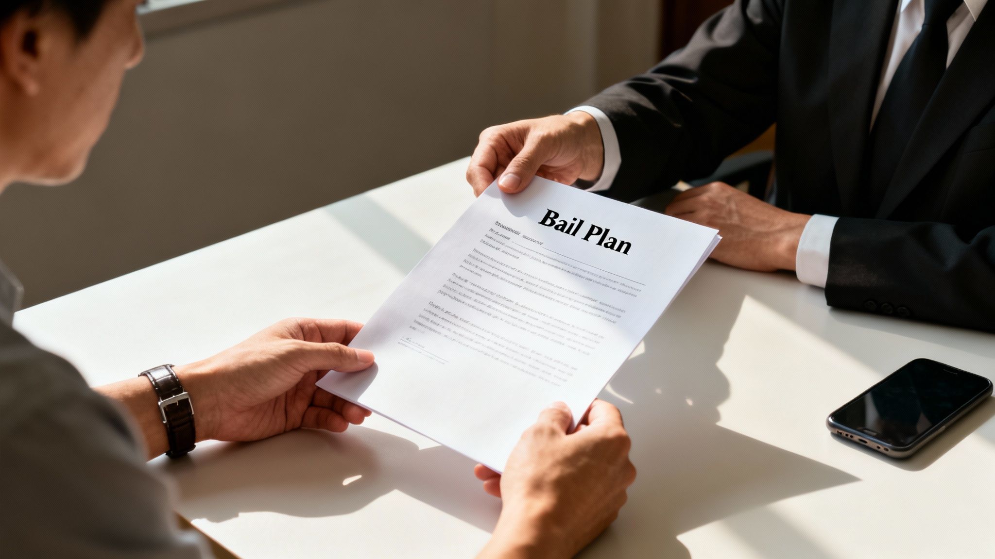 Two men discuss a 'Bail Plan' document during a legal consultation, focusing on legal matters.