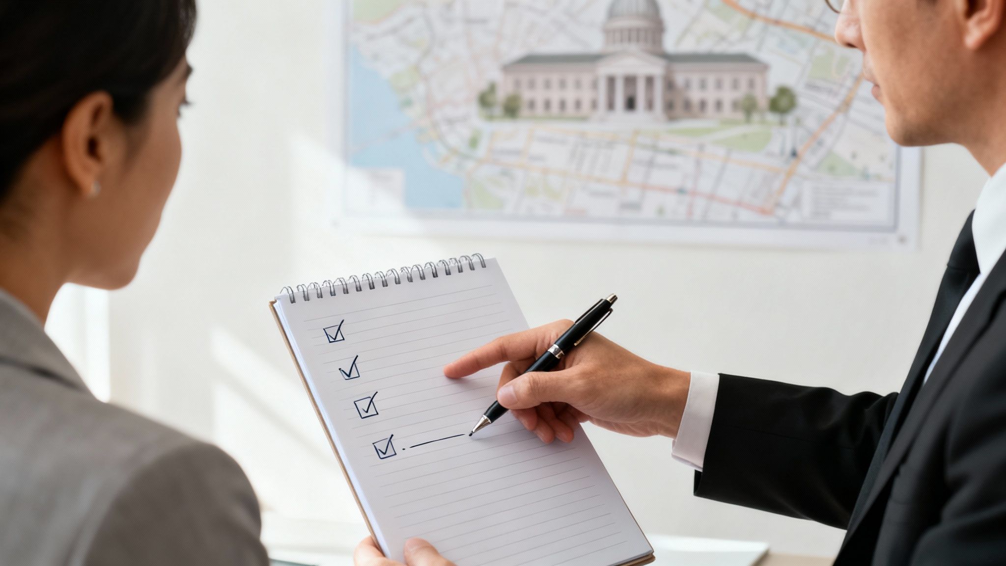 Two professionals review a checklist on a notebook, with a map of a city and a courthouse in the background.