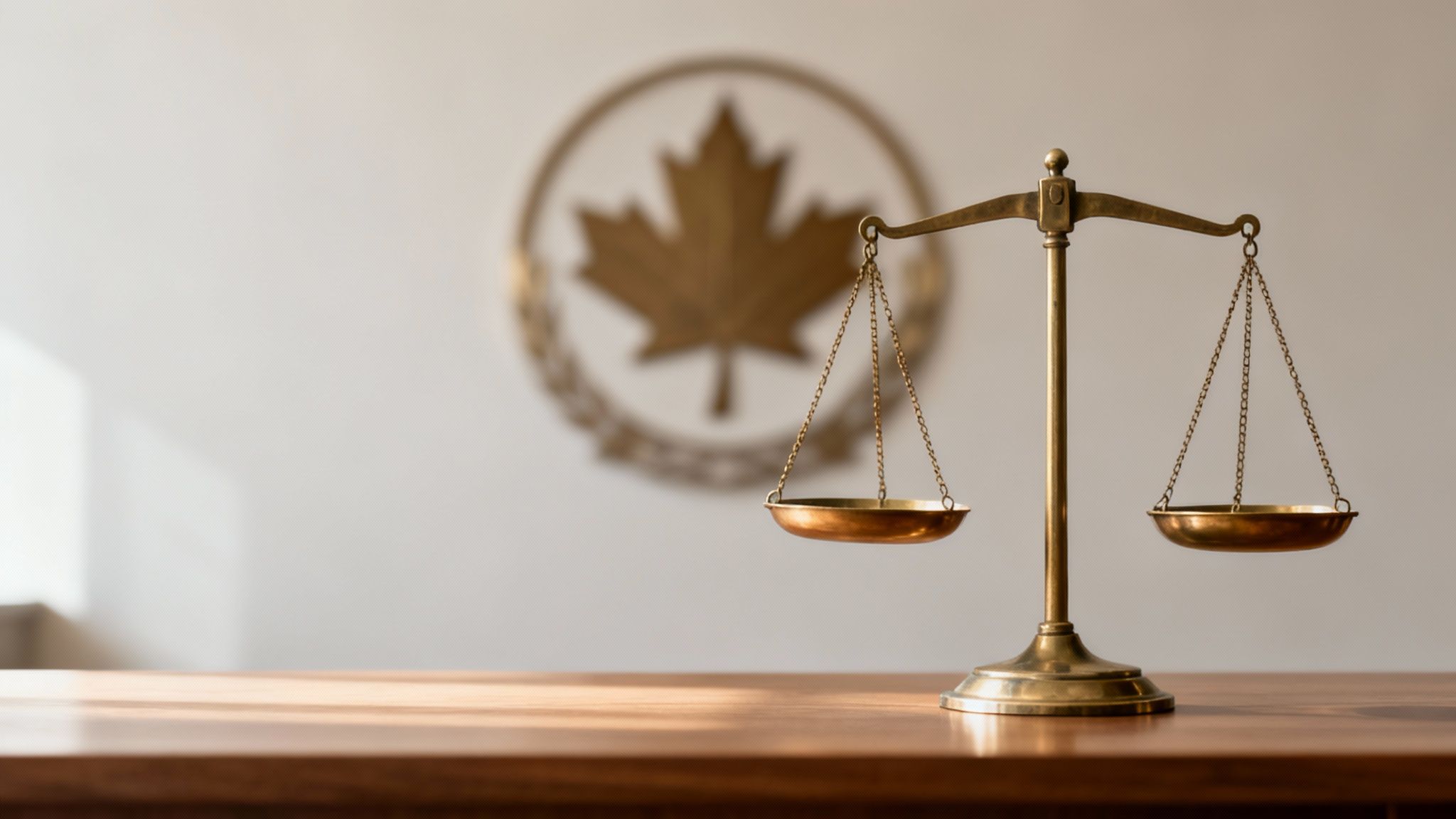 A brass scale of justice rests on a wooden table, with a blurred Canadian maple leaf emblem in the background.
