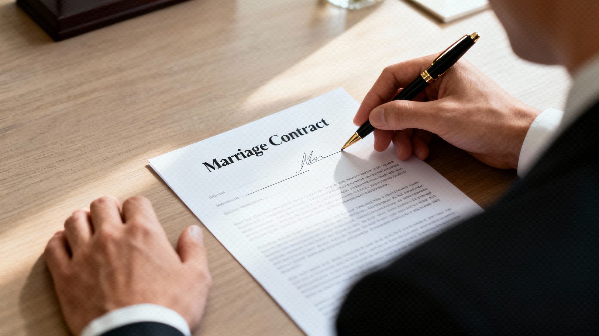 A person in a suit is signing a document titled 'Marriage Contract' with a gold pen on a wooden desk.
