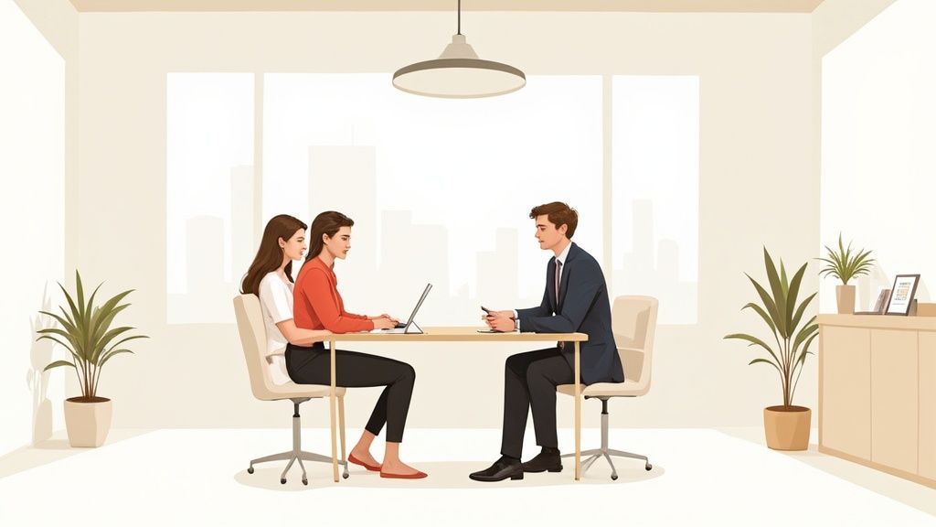 Two women and a man having a professional discussion at a table in a bright office.