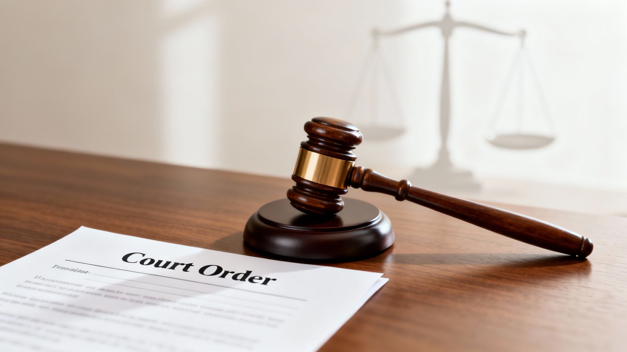 A wooden gavel resting on a stand next to a 'Court Order' document on a table, with scales of justice in the background.