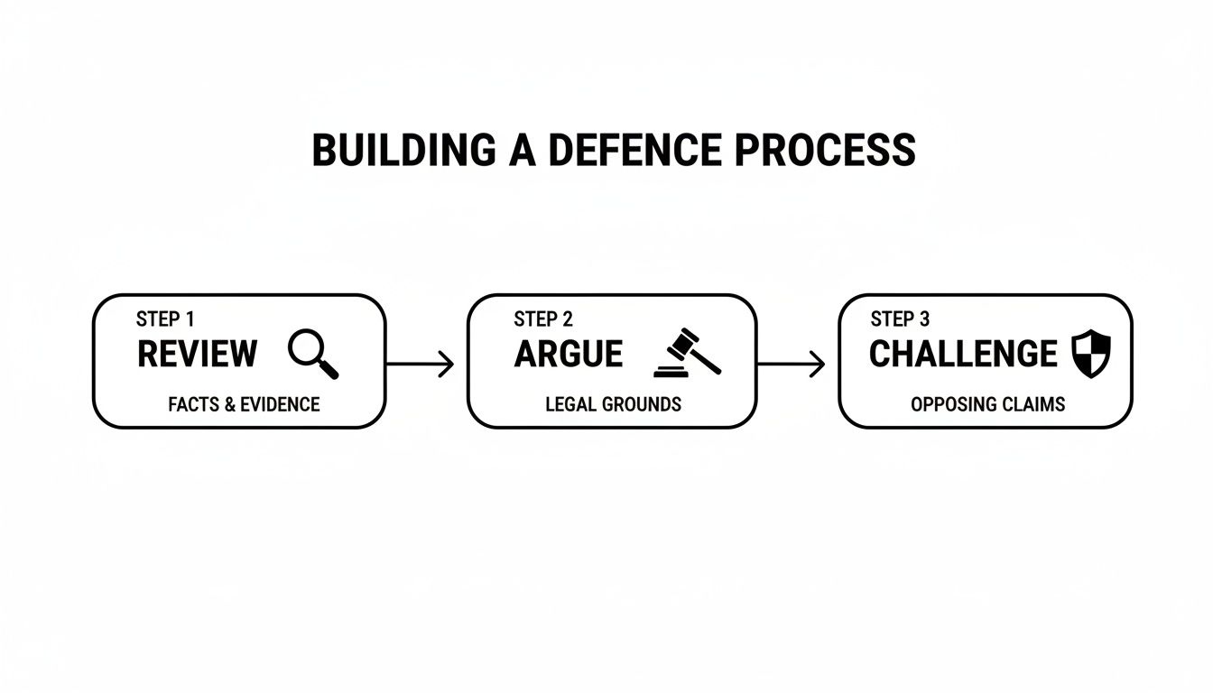 Flowchart illustrating a three-step defence process: Review facts, Argue legal grounds, and Challenge opposing claims.