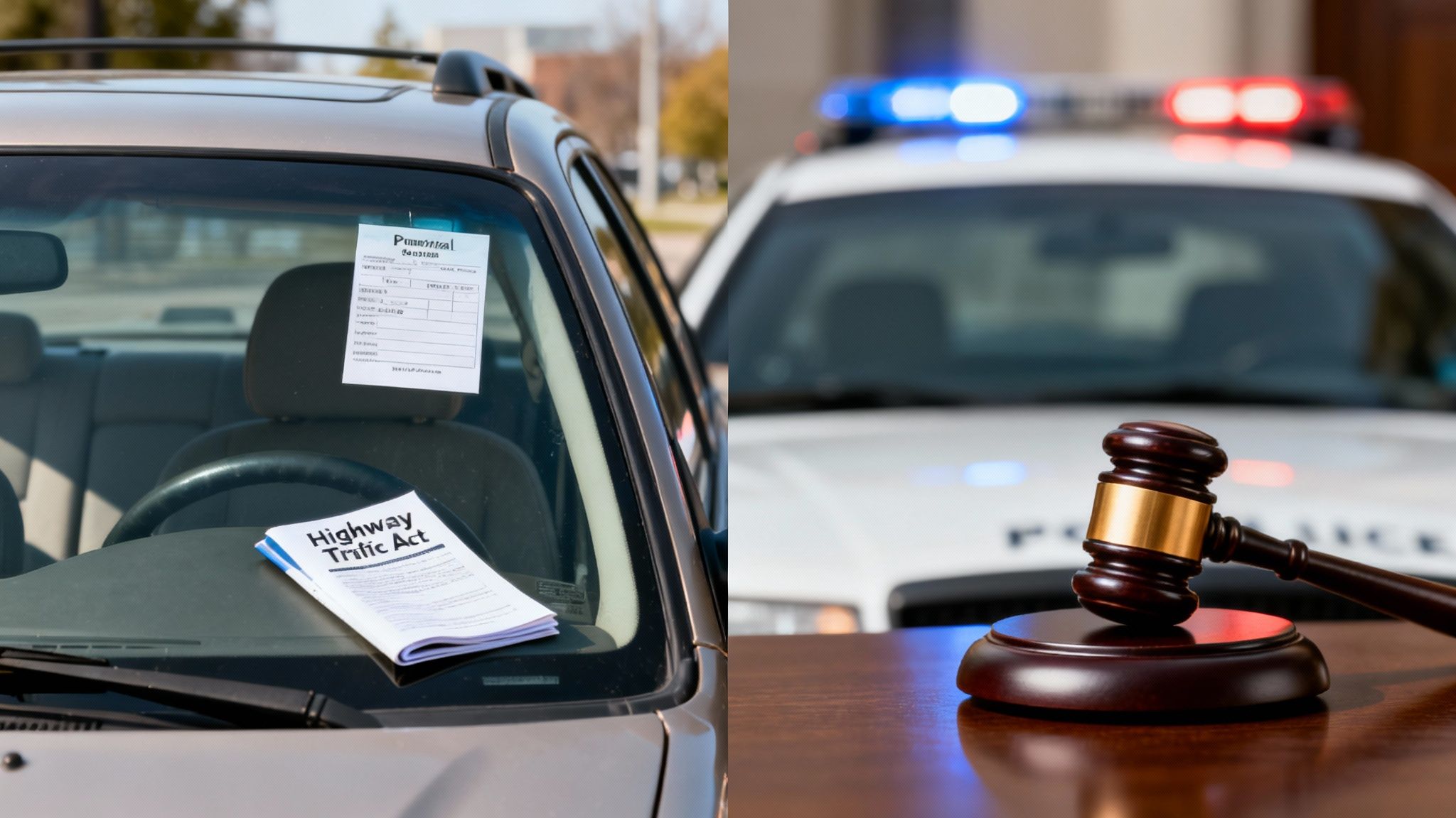 Car with traffic ticket and Highway Traffic Act booklet, alongside a gavel and police car.