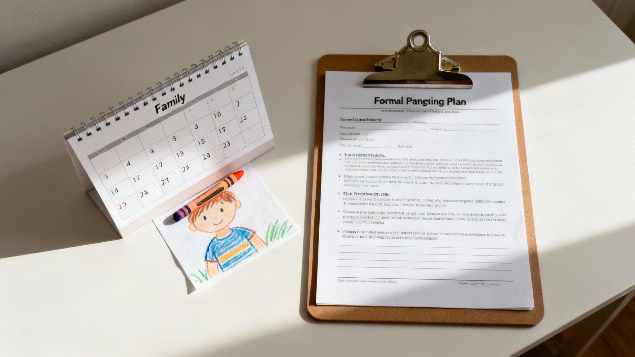 Family calendar and formal parenting plan document on clipboard for child custody arrangement