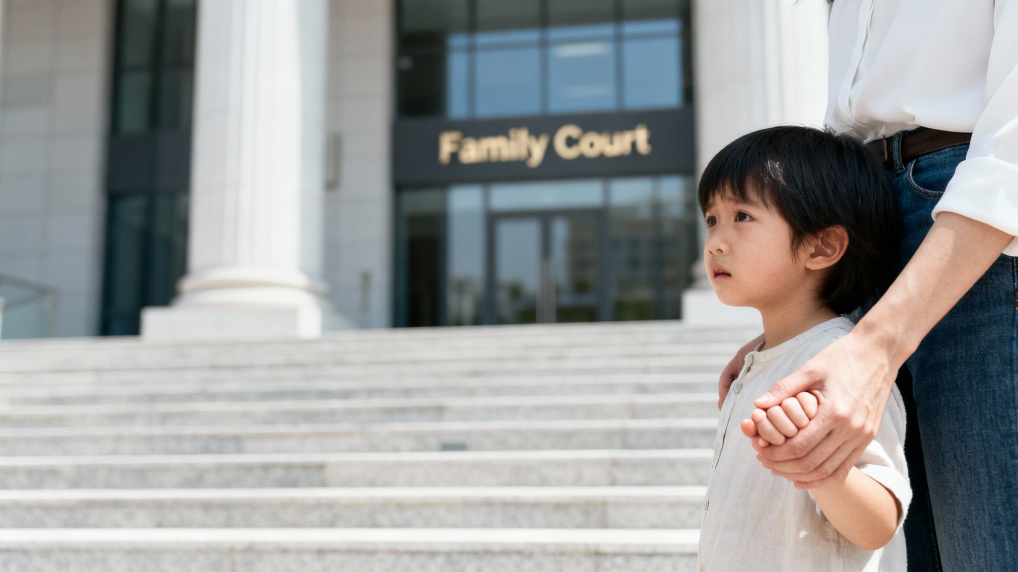 A solemn child holding an adult's hand stands outside a Family Court building.