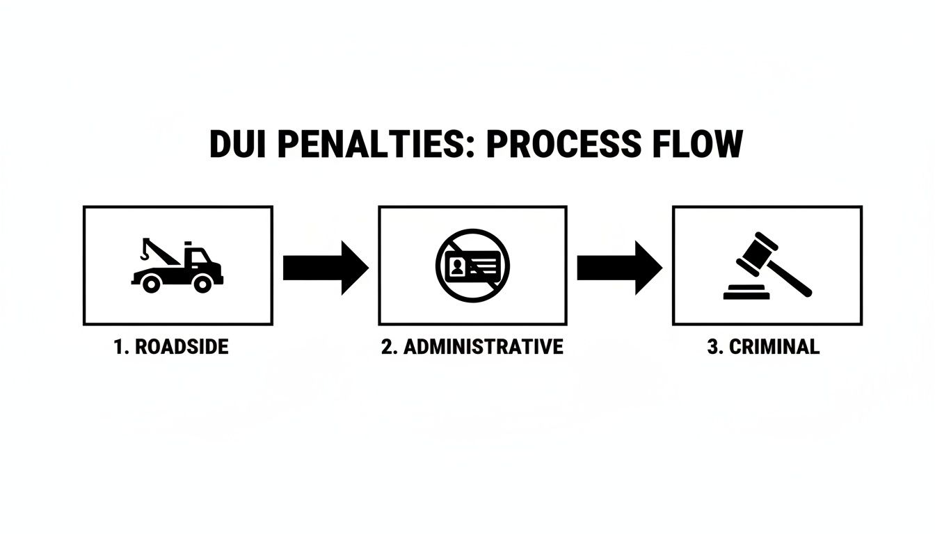 A flow chart illustrating the DUI penalty process, with roadside, administrative, and criminal stages.