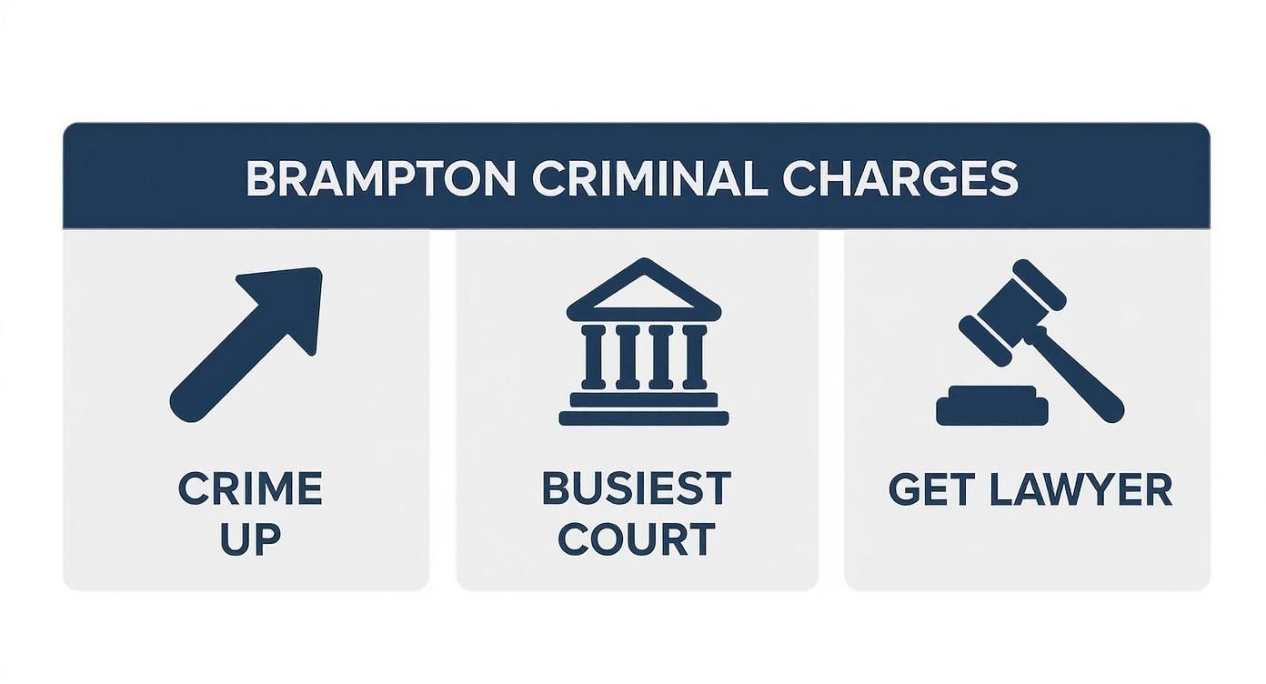 Brampton criminal charges infographic showing crime statistics, busiest court, and legal representation options