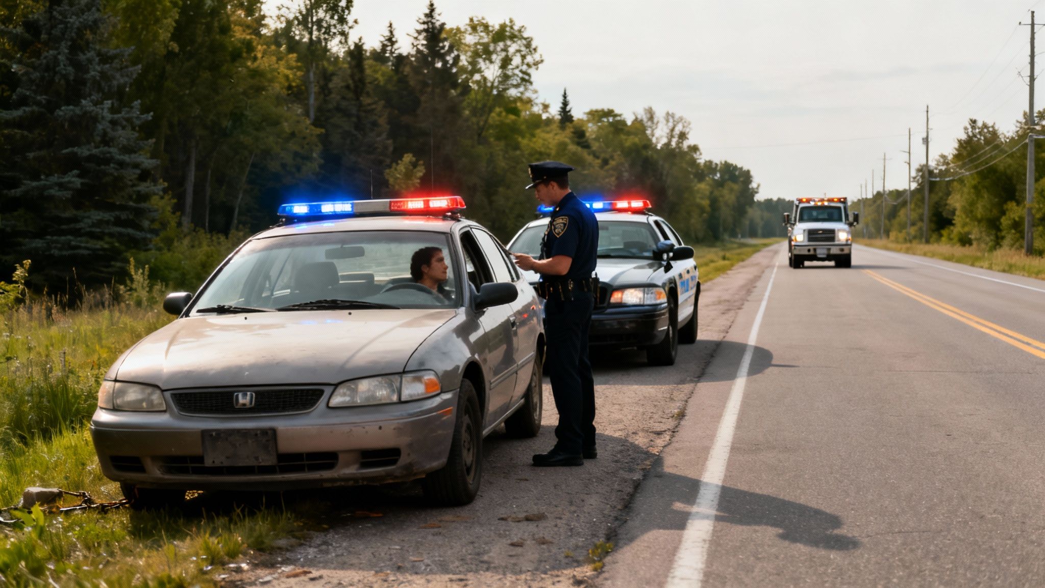A police officer talks to a driver pulled over, with a second police car and a tow truck.
