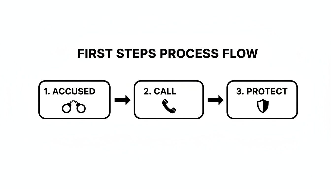A three-step process flow diagram illustrating the first steps: Accused, Call, and Protect.