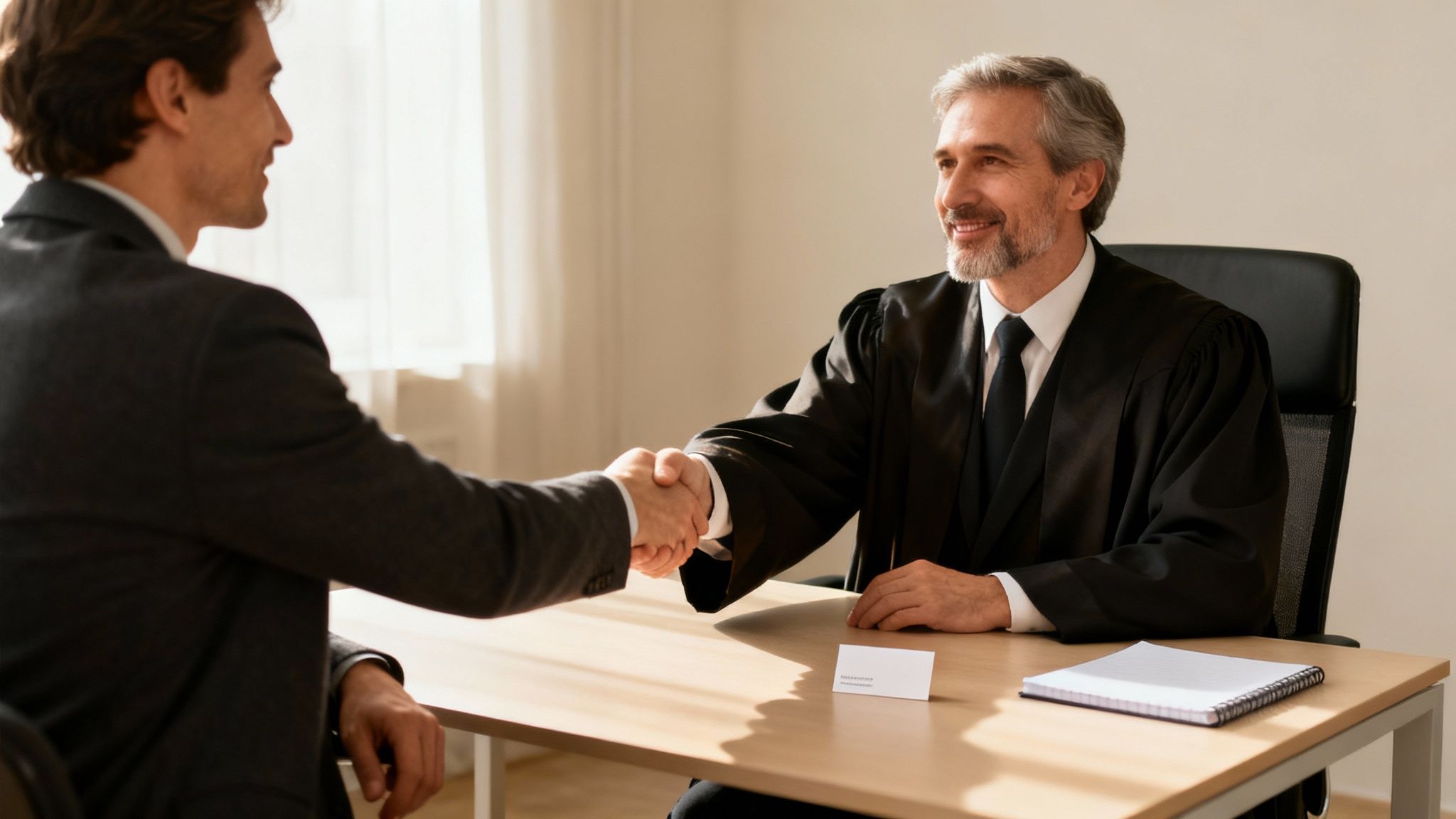 Two smiling men, one in a suit and one in a legal robe, shake hands across a desk.