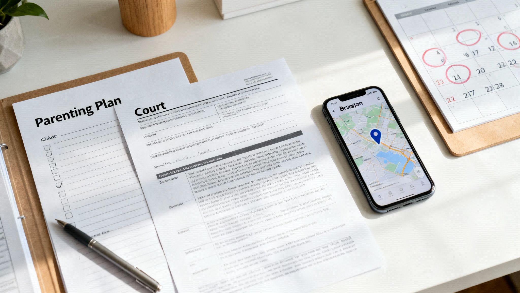 Desk with 'Parenting Plan' and 'Court' documents, a phone showing Brampton on a map, and a calendar.