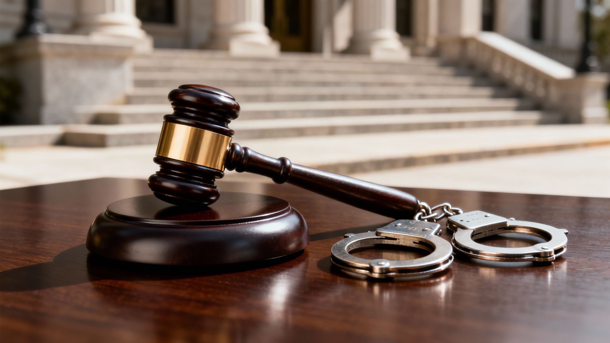 A wooden gavel and handcuffs rest on a polished table, with a blurred courthouse in the background.