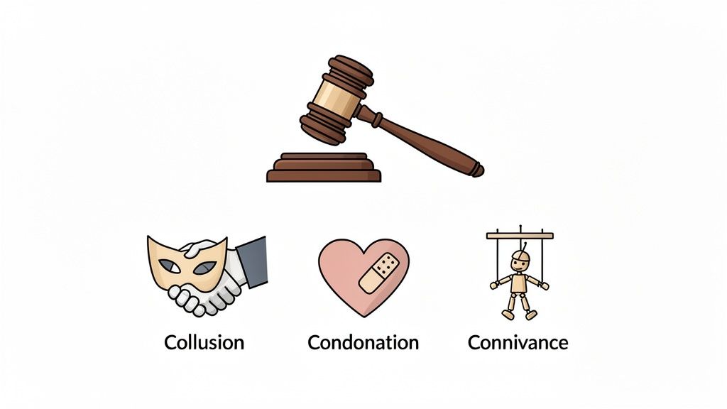 A judge's gavel above three icons representing legal terms: collusion (masked handshake), condonation (bandaged heart), and connivance (puppet).