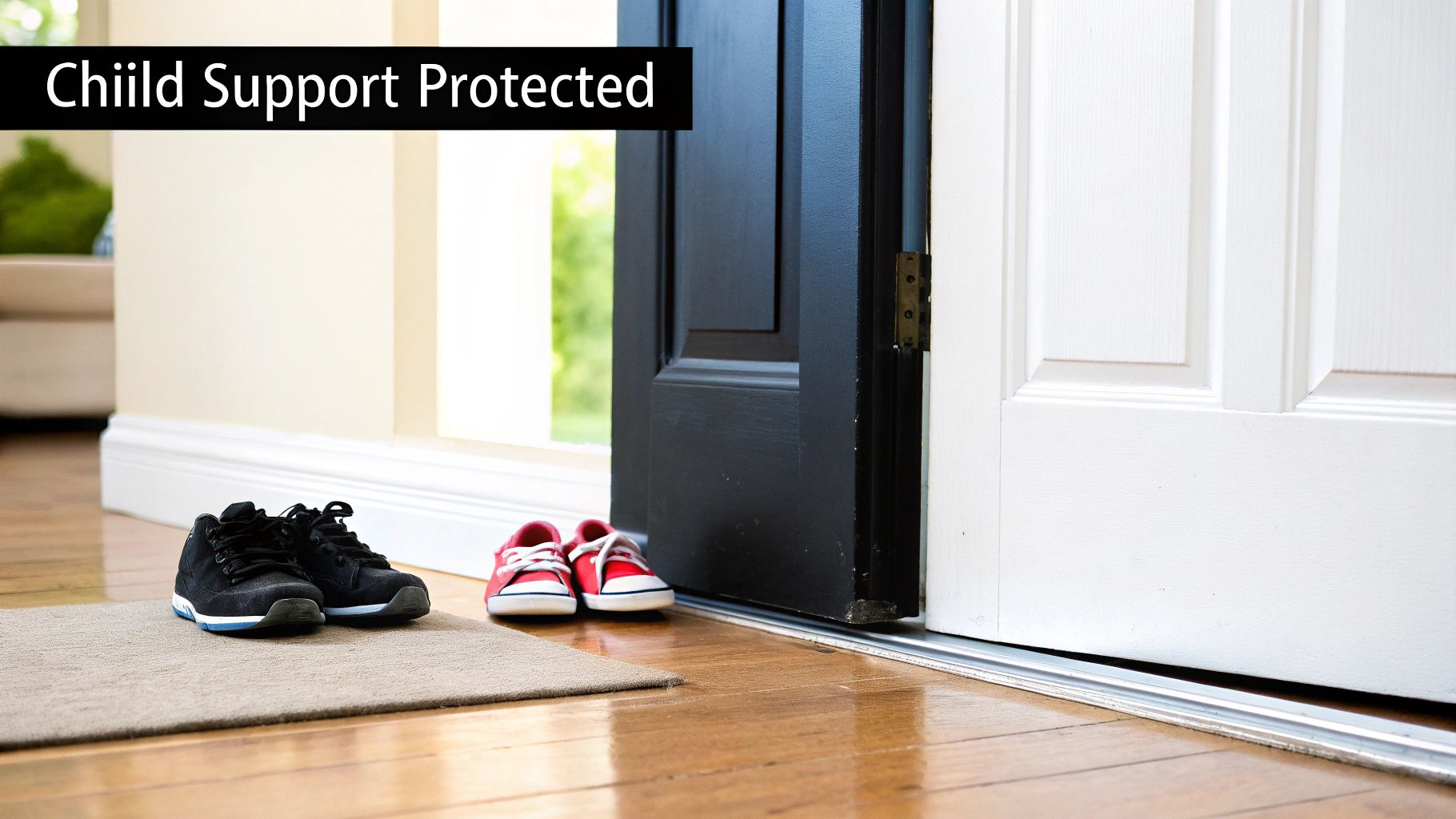 Open entryway with black and red children's shoes on a mat, signifying 'Child Support Protected'.