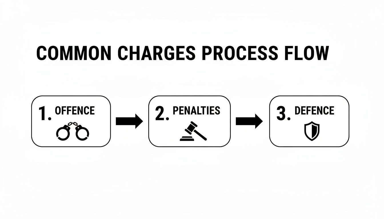 A legal process flow chart illustrating common charges: 1. Offence (handcuffs), 2. Penalties (gavel), and 3. Defence (shield).