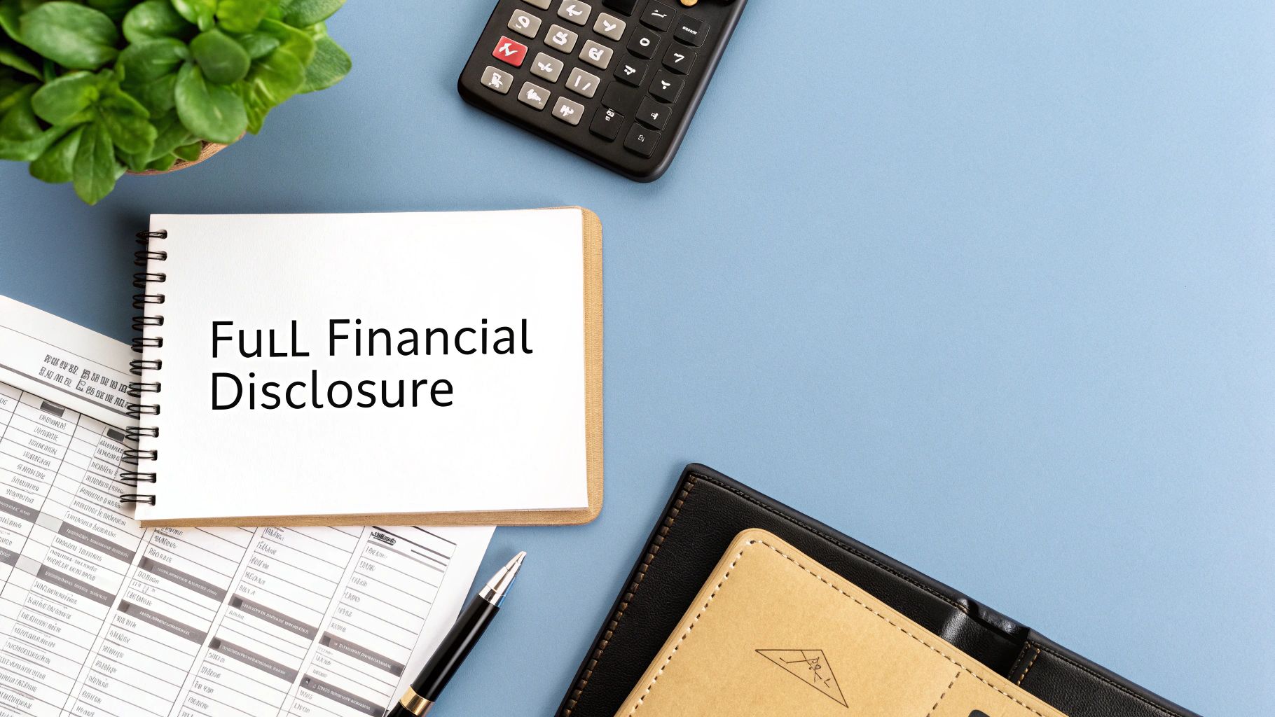 Flat lay of a desk with a notepad showing 'Full Financial Disclosure', calculator, and financial documents.