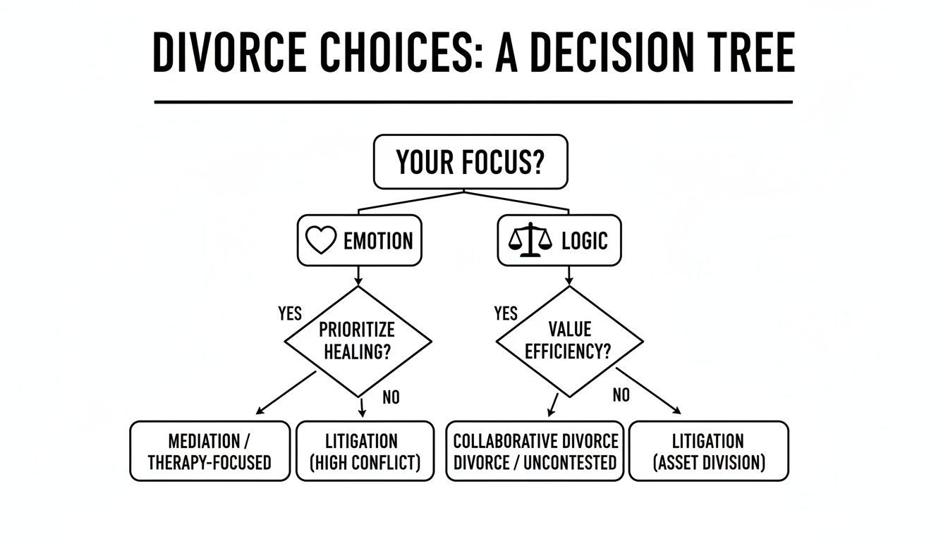 A decision tree flowchart outlining divorce choices based on emotion or logic, leading to different legal paths.
