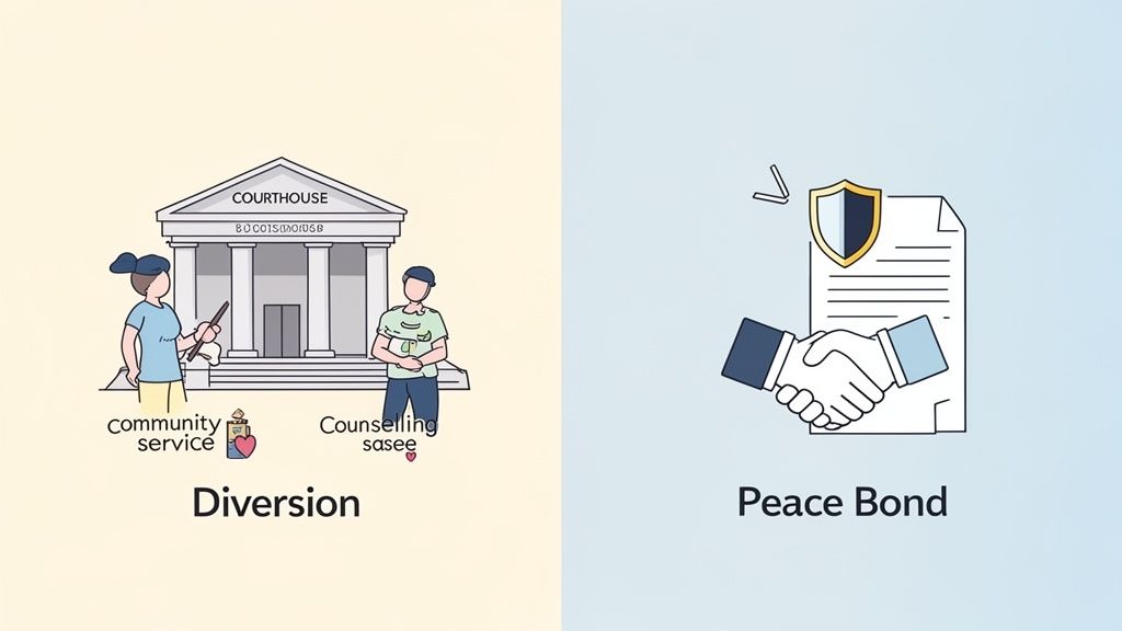 Illustration comparing criminal diversion programs like community service and counselling with peace bonds.
