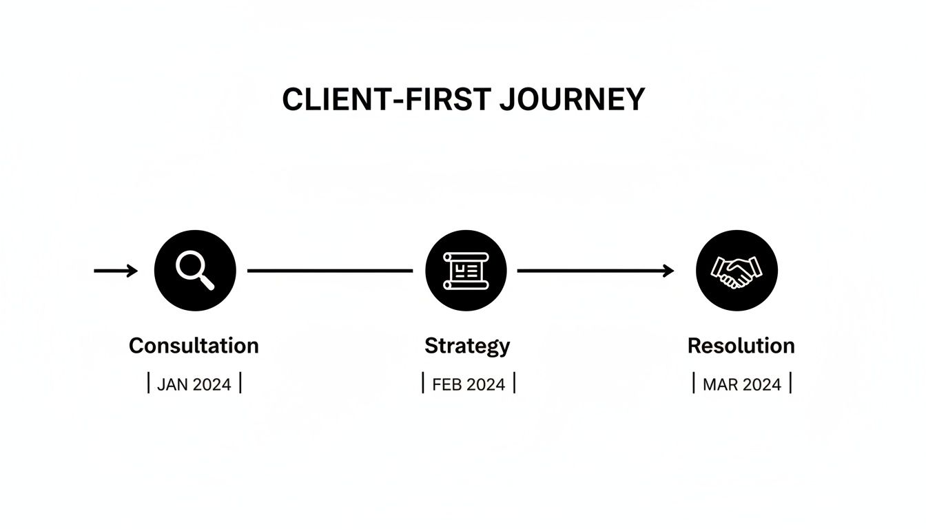 A client-first journey timeline showing consultation, strategy, and resolution steps with corresponding months.