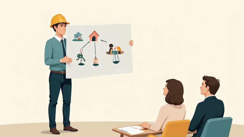 An architect in a hard hat presents a real estate diagram to two attentive clients.