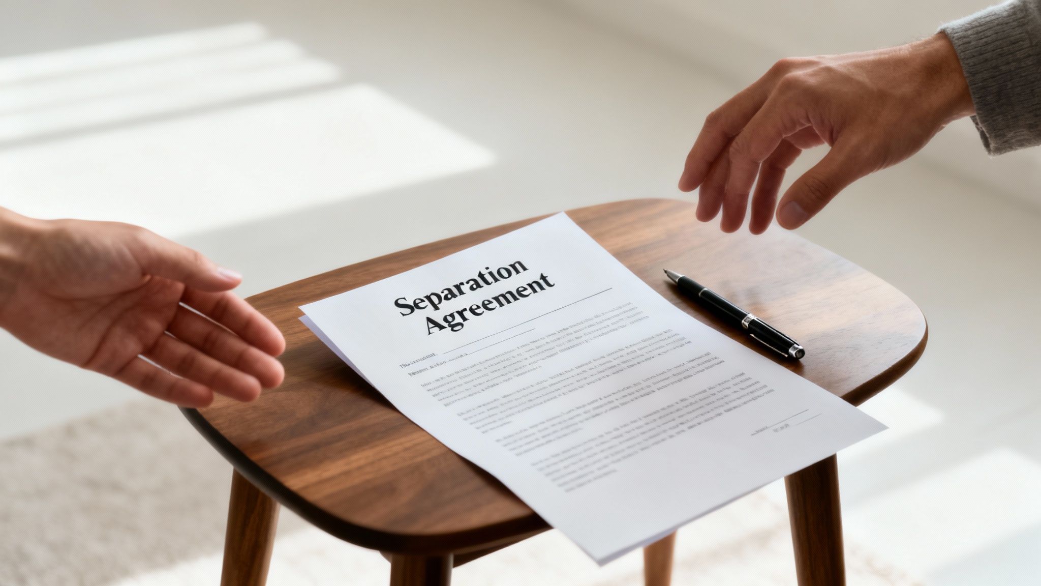 Two hands reaching towards a separation agreement document and a pen on a wooden table.