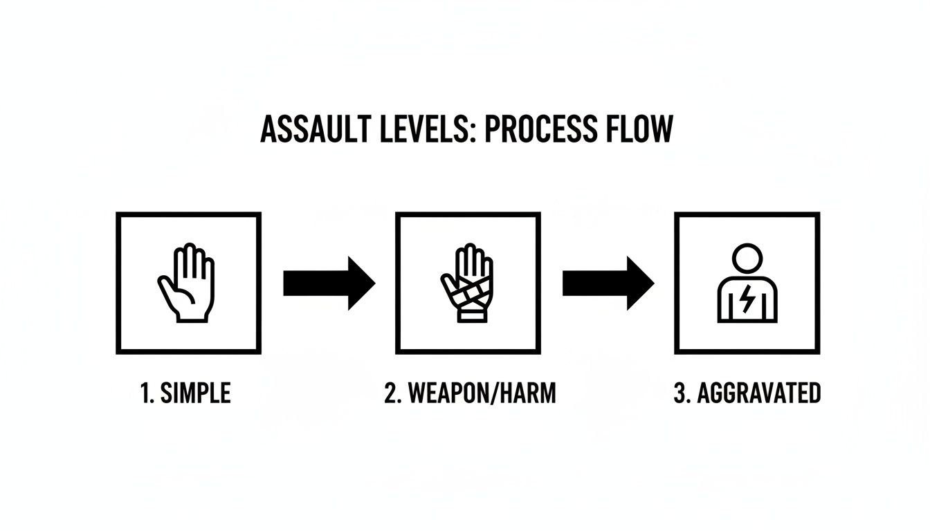 A three-step process flow illustrating increasing levels of assault: Simple, Weapon/Harm, and Aggravated.