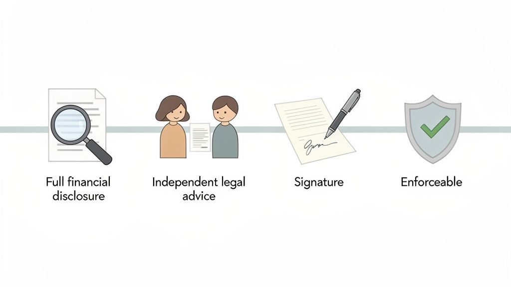 Illustrates four key steps for an enforceable legal agreement: financial disclosure, legal advice, signature, and enforceability.