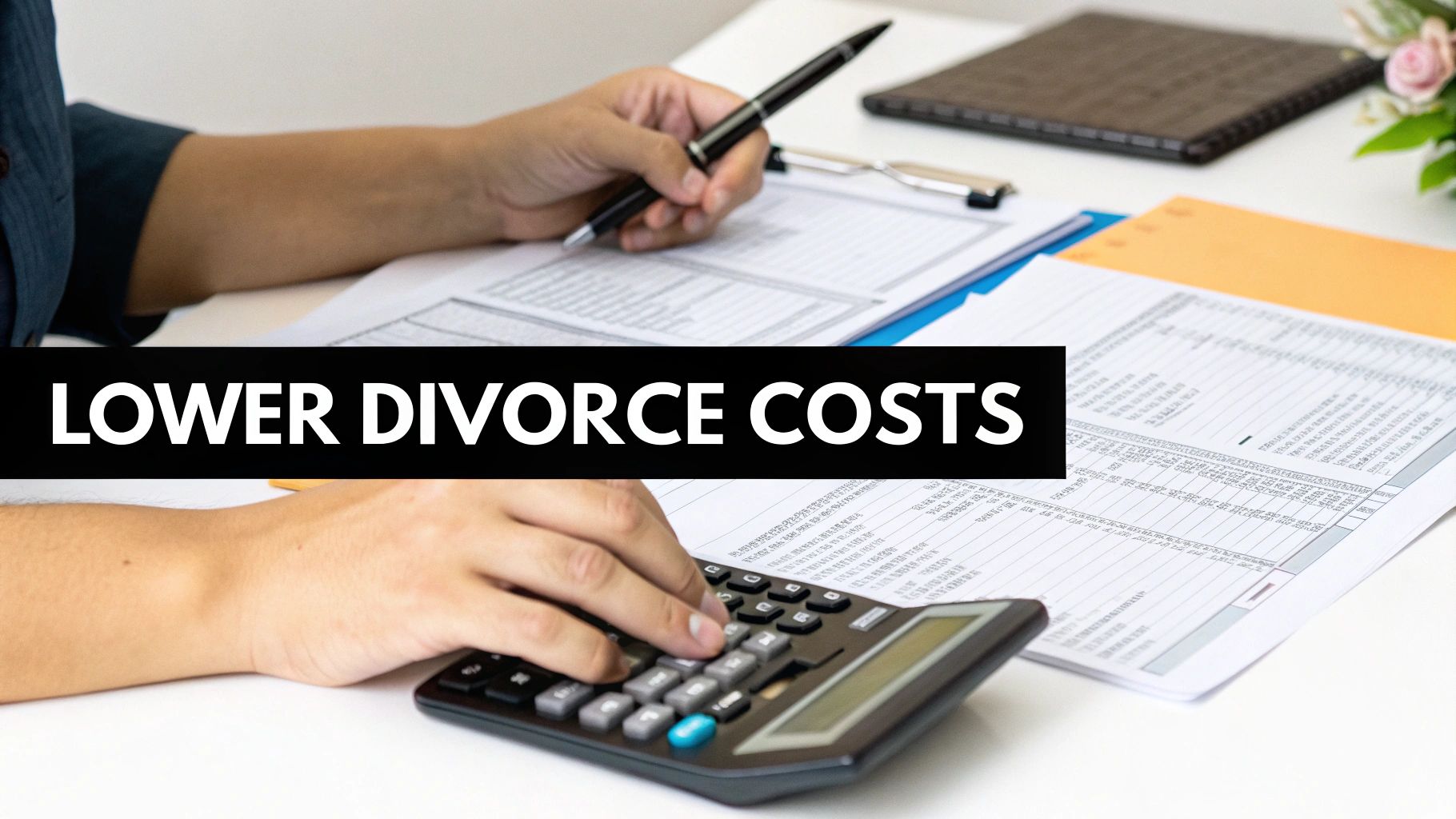 A person's hands carefully organizing financial documents and a calculator on a desk.