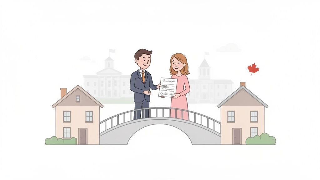 A cartoon man and woman exchange a document on a bridge between two houses, with background buildings and a maple leaf.