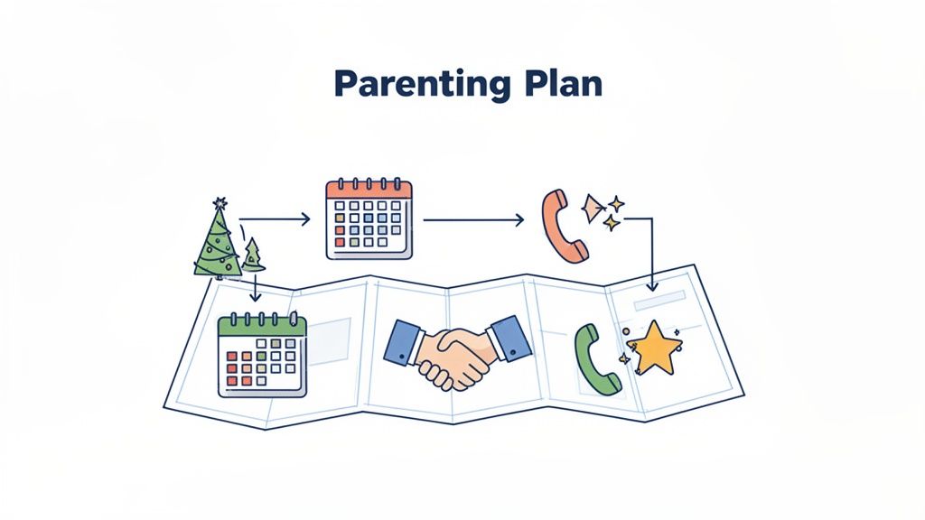 An illustration titled 'Parenting Plan' with a map showing icons for holidays, schedules, communication, and a handshake.