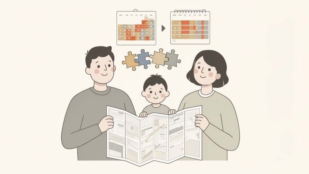 A happy family, parents and child, look at a map, planning a trip with calendars and puzzle pieces.