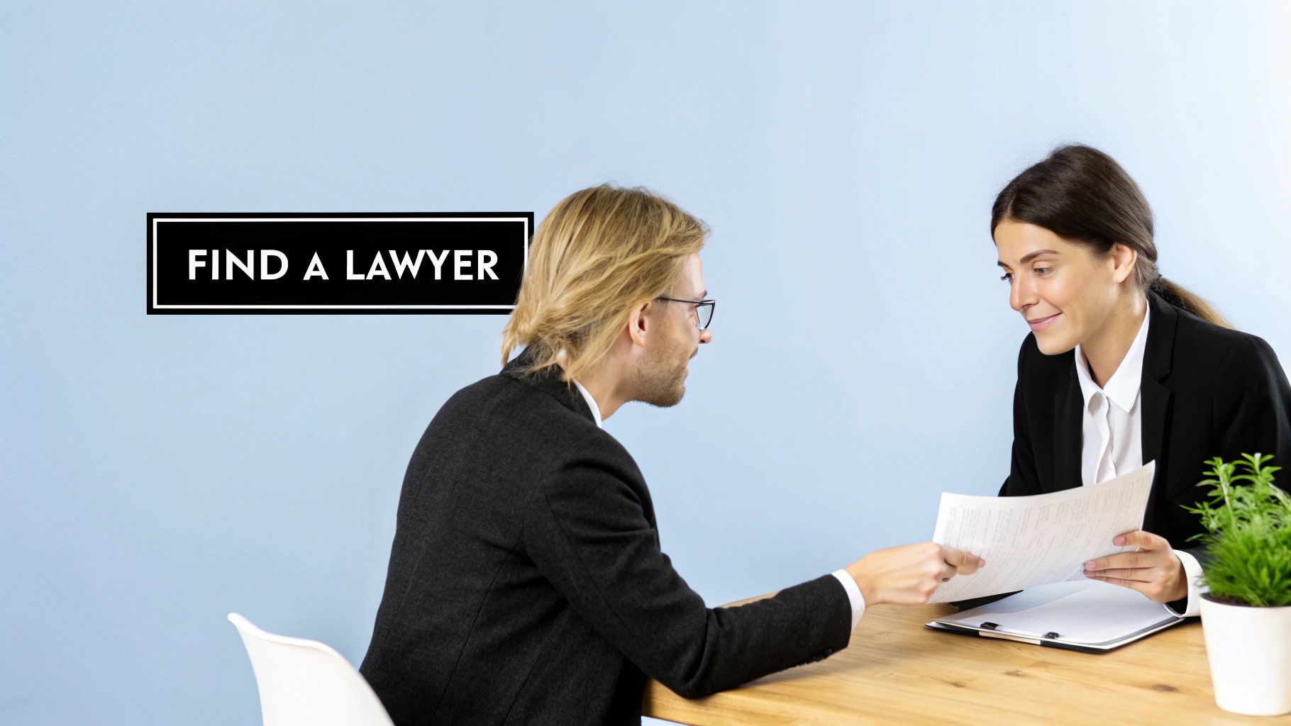 A man and a woman in business attire discussing documents at a table, with 'Find a Lawyer' text.