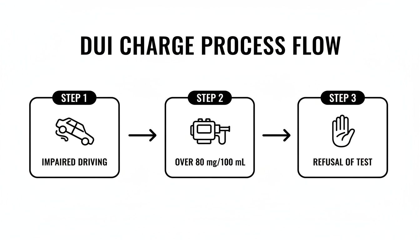 Flowchart outlining the DUI charge process with three steps: impaired driving, over 80 mg/100 mL, and refusal of test.