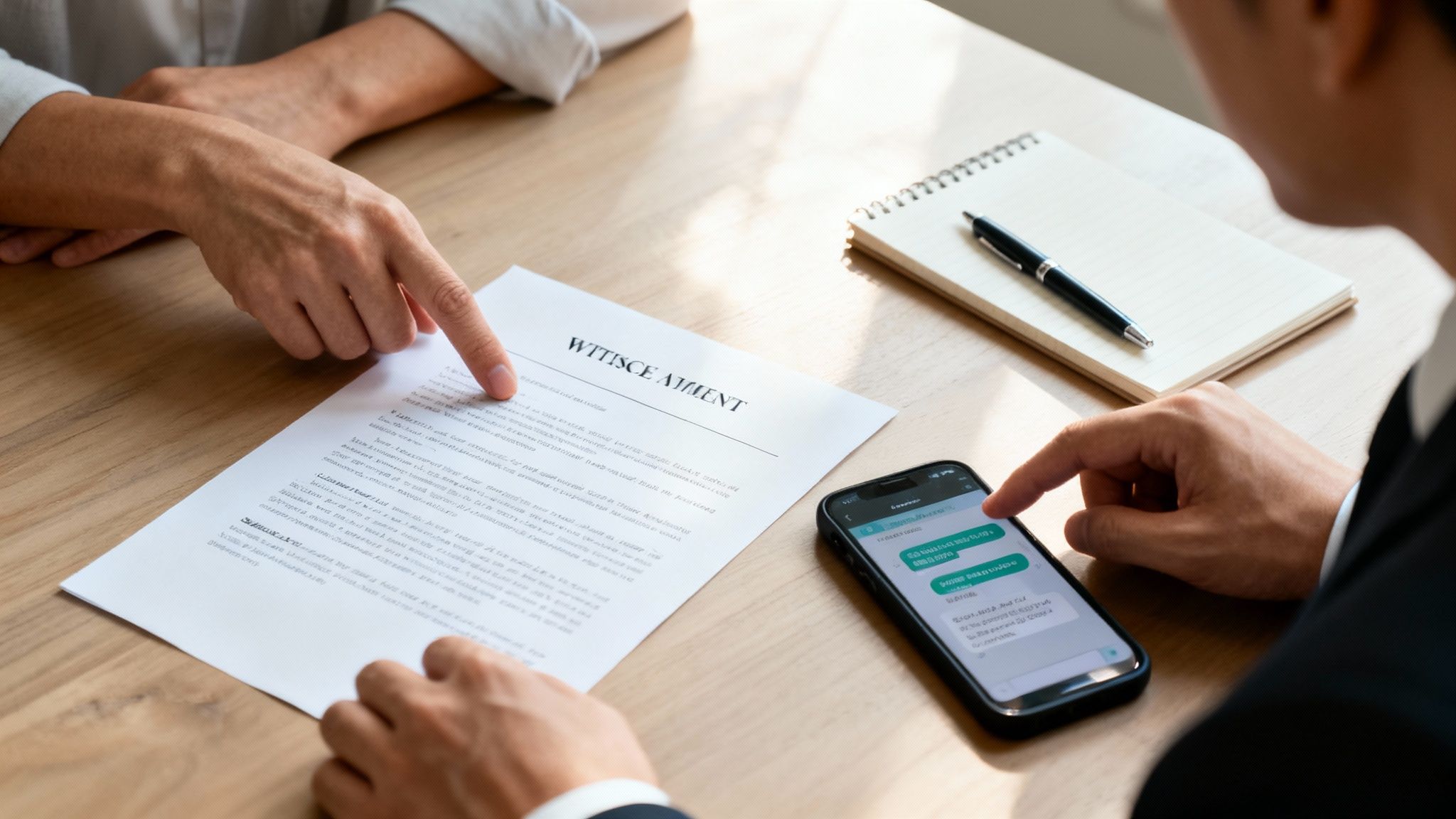 Two people at a wooden table, one pointing at a document, the other looking at a smartphone.