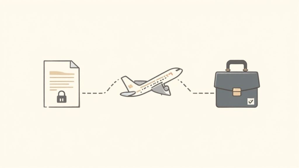 Illustration showing a locked document being securely delivered by an airplane to a briefcase with a checkmark.