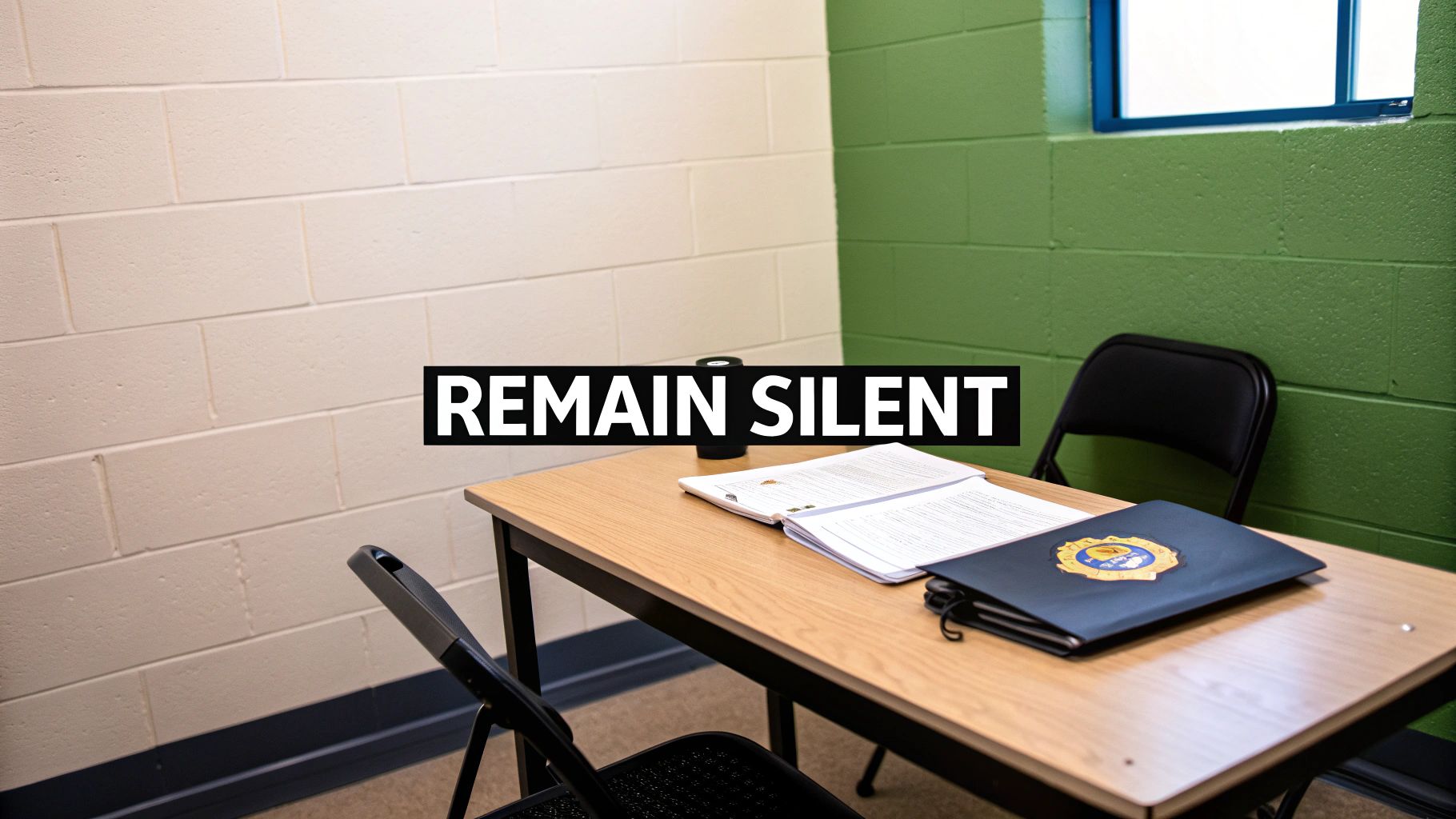A sparse interrogation room with a table, two chairs, and legal documents, featuring 'REMAIN SILENT' text.