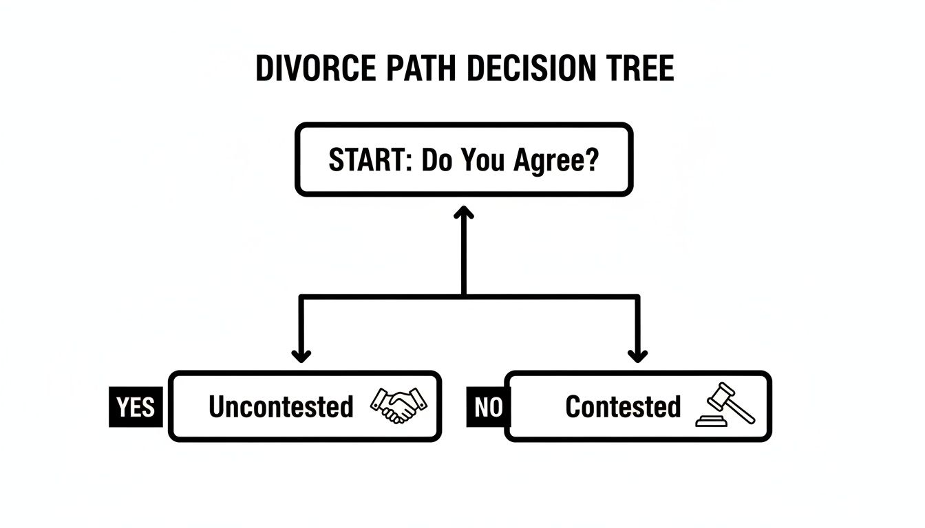 Decision tree flowchart illustrating two divorce paths: Uncontested if both parties agree, or Contested if they don't.