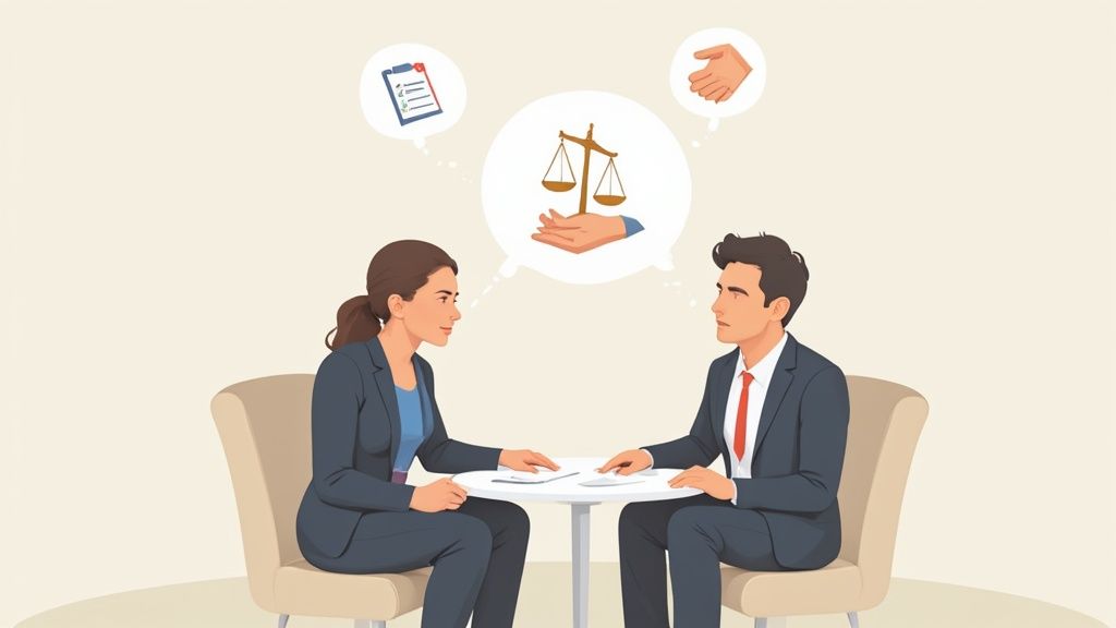 Two business professionals discussing legal agreement, with thought bubbles showing a checklist, justice scales, and a handshake.