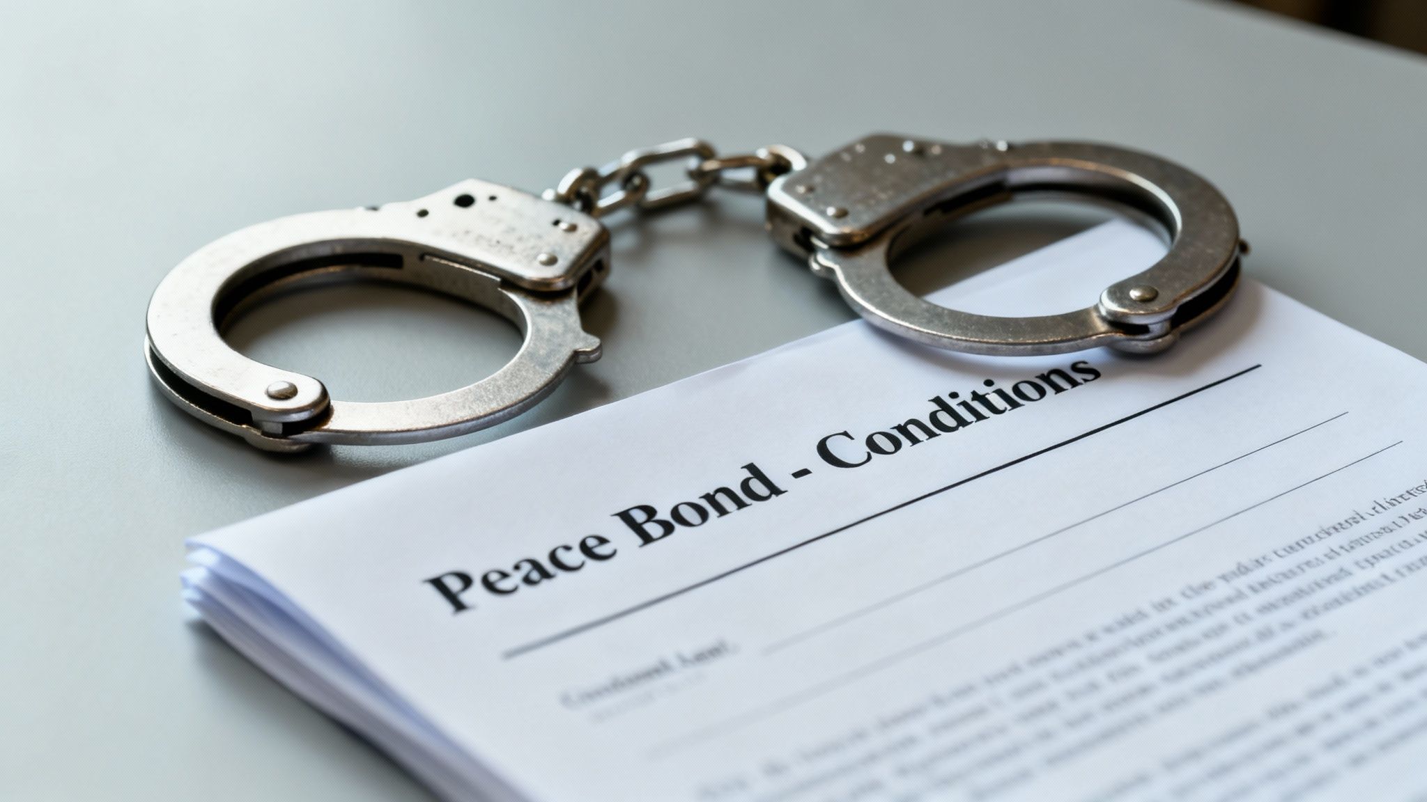 A pair of metal handcuffs resting on a legal document titled 'Peace Bond - Conditions' on a grey surface.