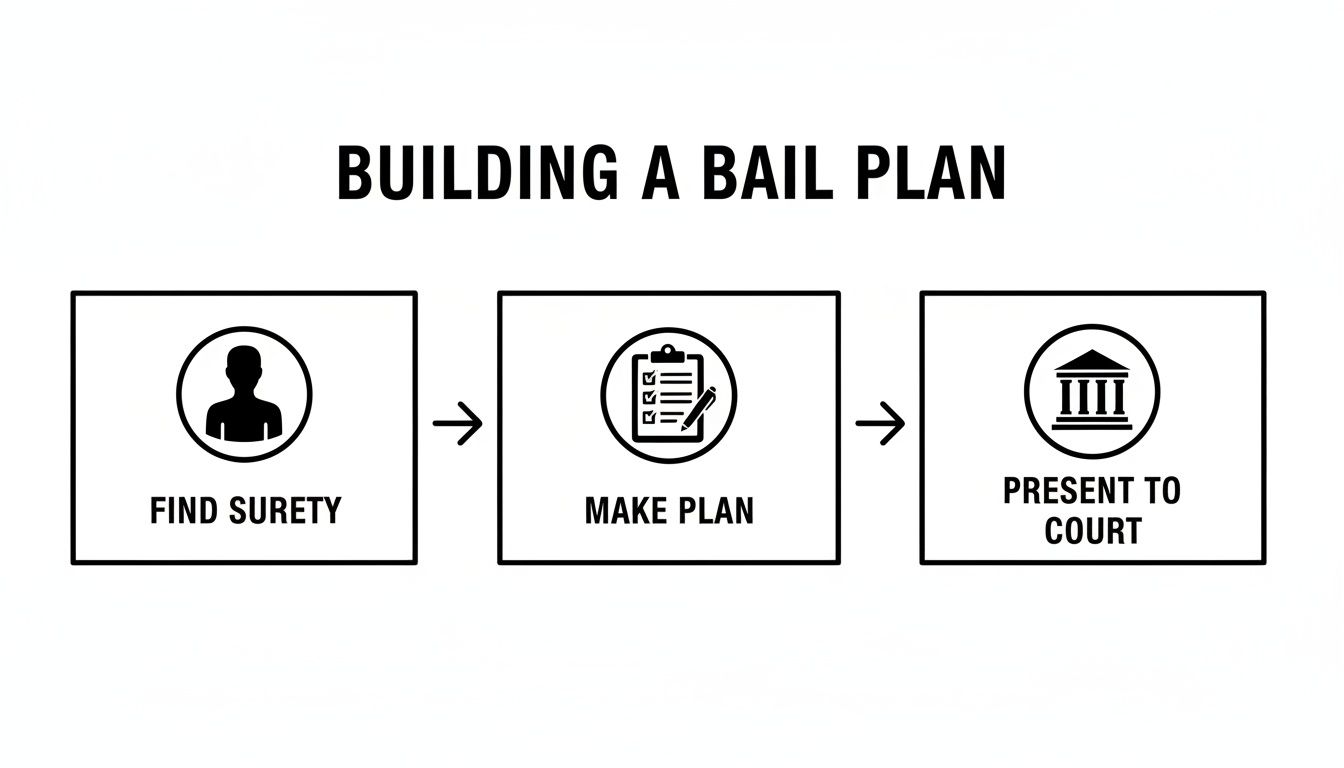 Flowchart illustrating the steps to building a bail plan: find surety, make plan, and present to court.