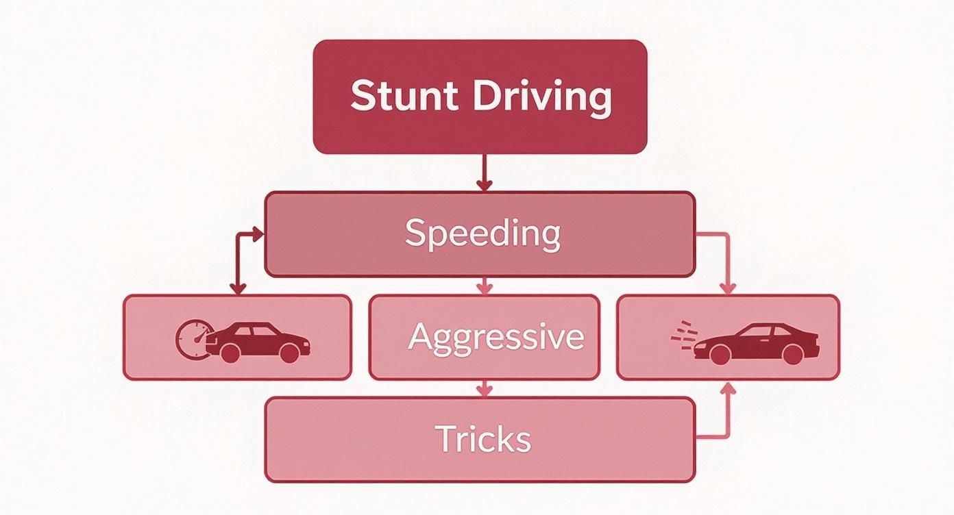 Infographic showing the three main categories of stunt driving: Speeding, Aggressive driving, and Tricks.