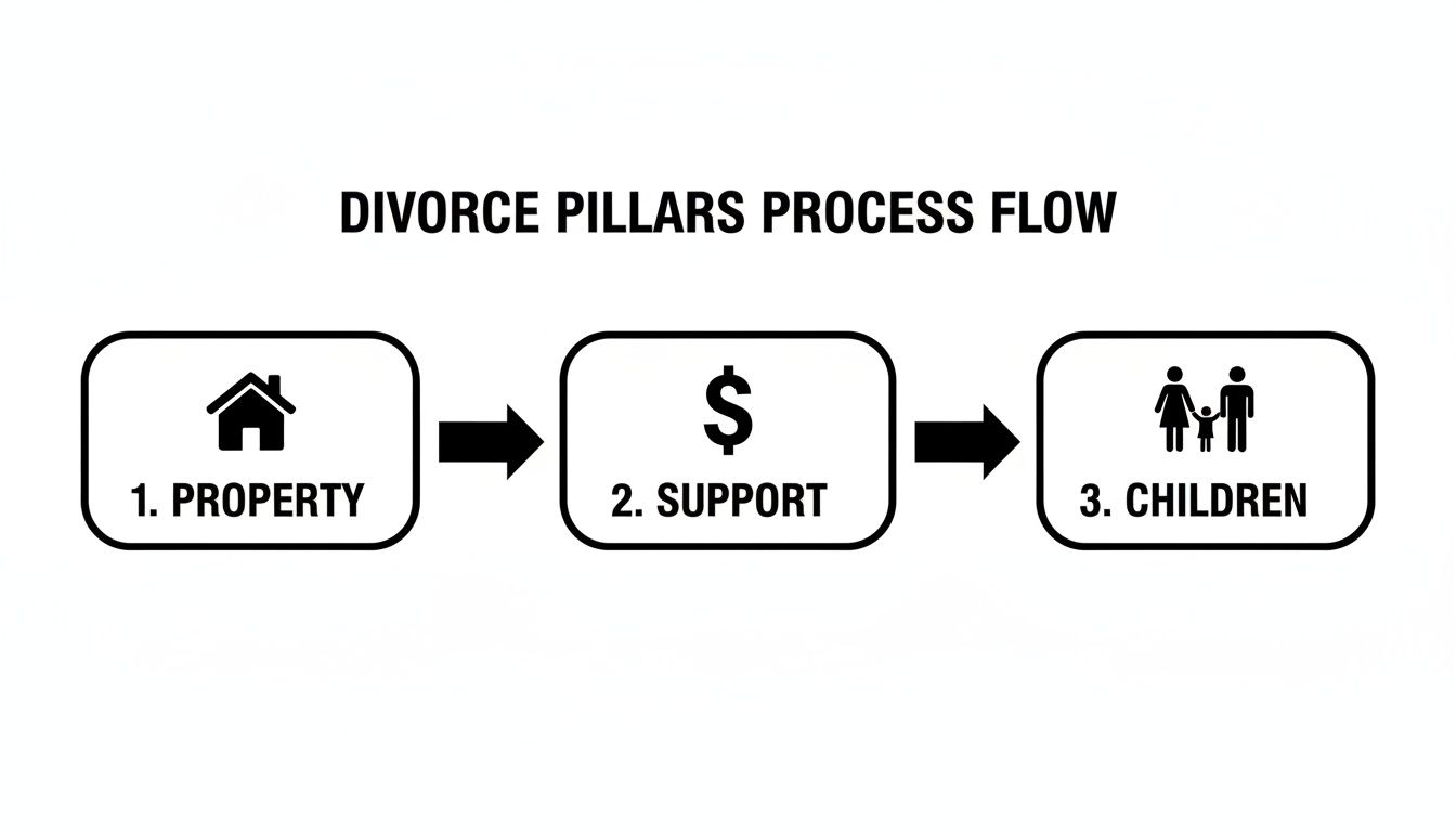 Divorce pillars process flow diagram outlining steps for property, financial support, and children.