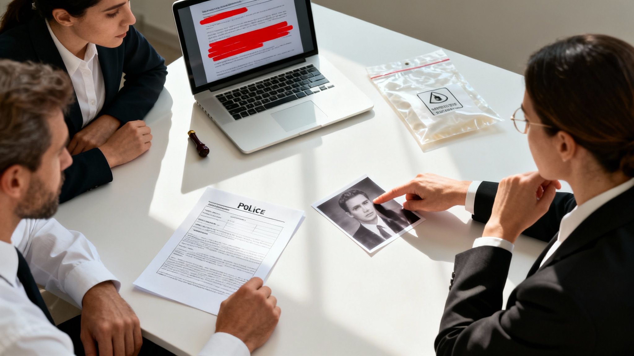 Lawyers examine evidence including a police document, a photo, and a laptop in an office.