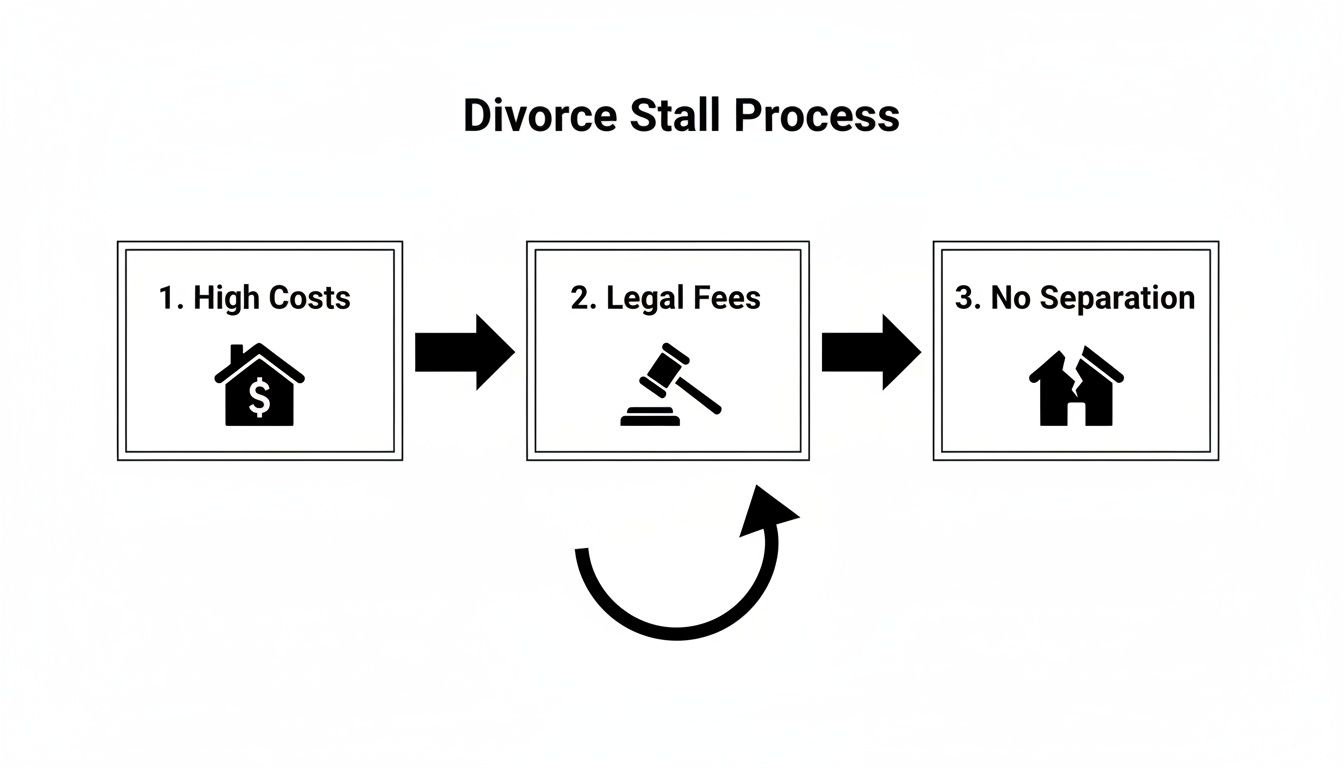 A flowchart illustrates the divorce stall process due to high costs, escalating legal fees, and ultimately, no separation.