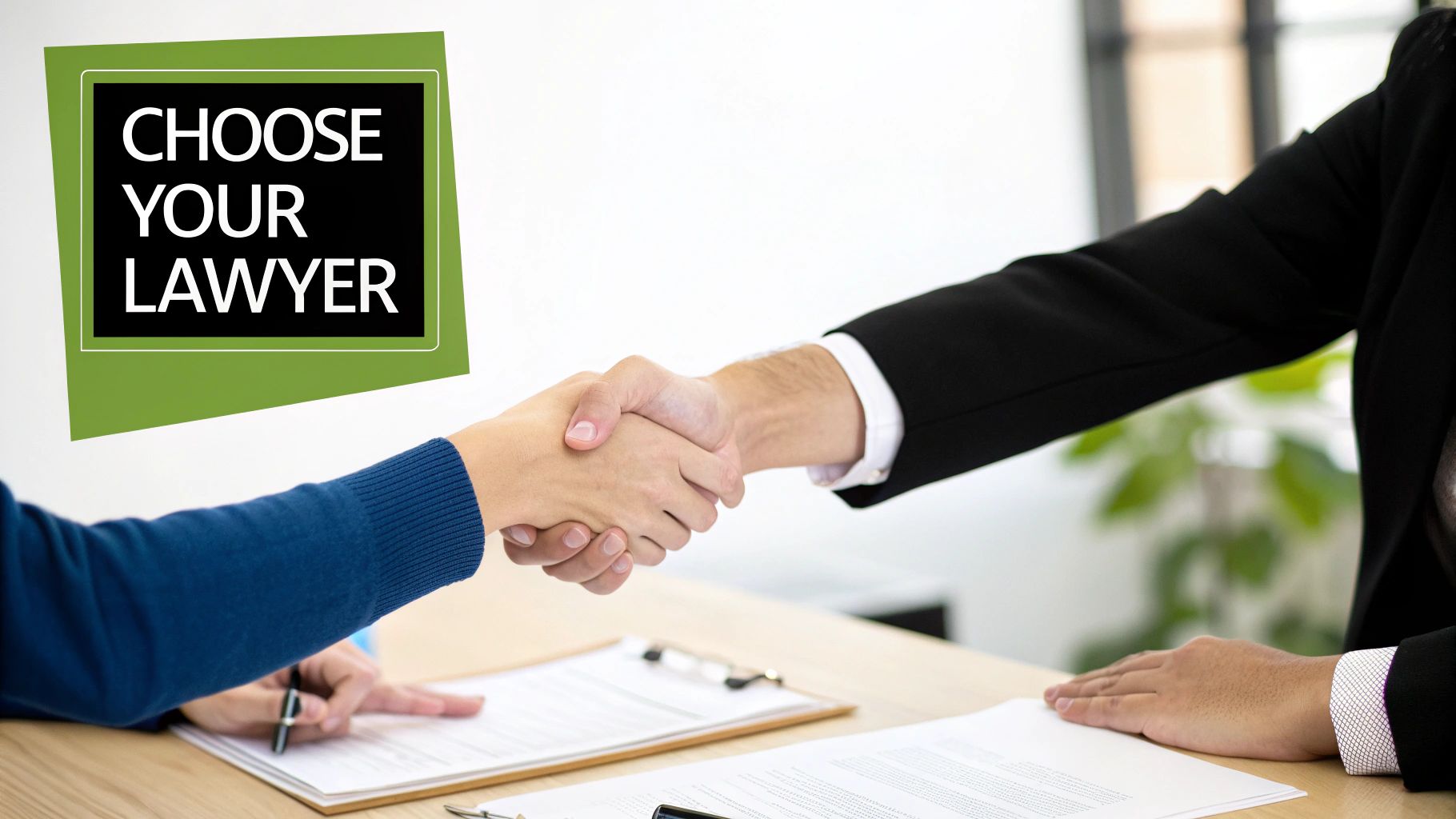 Two people, one in a suit and one in a blue sweater, shake hands over legal documents with a 'CHOOSE YOUR LAWYER' sign.