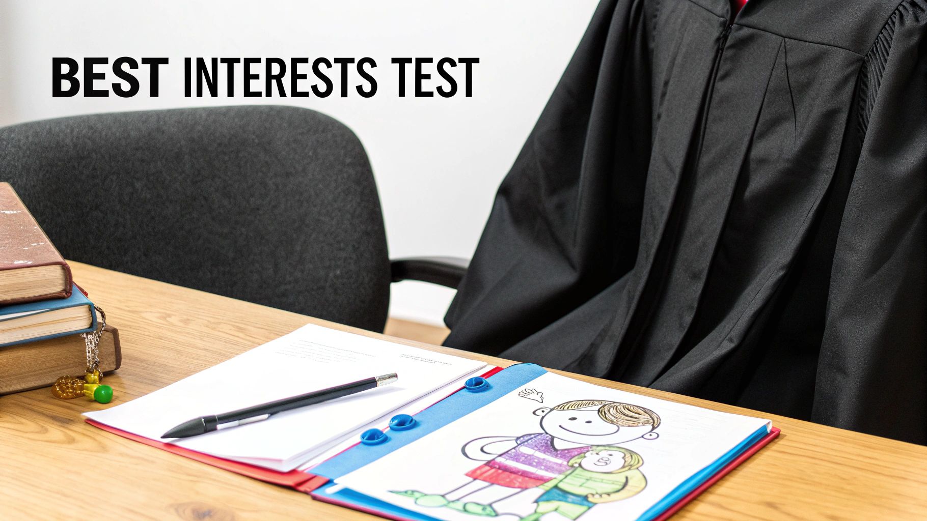 A desk with books, legal papers, a child's drawing, and a judge's robe under a 'BEST INTERESTS TEST' sign.