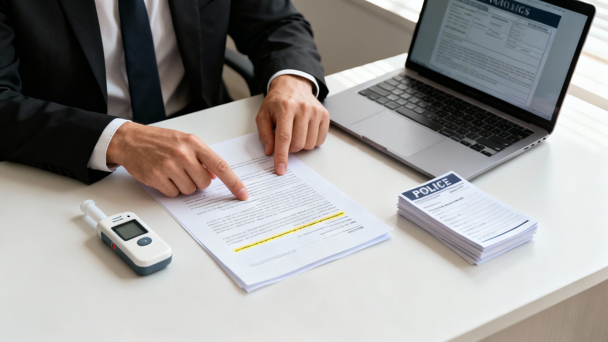 A person in a suit reviews police documents and a breathalyzer at a desk.