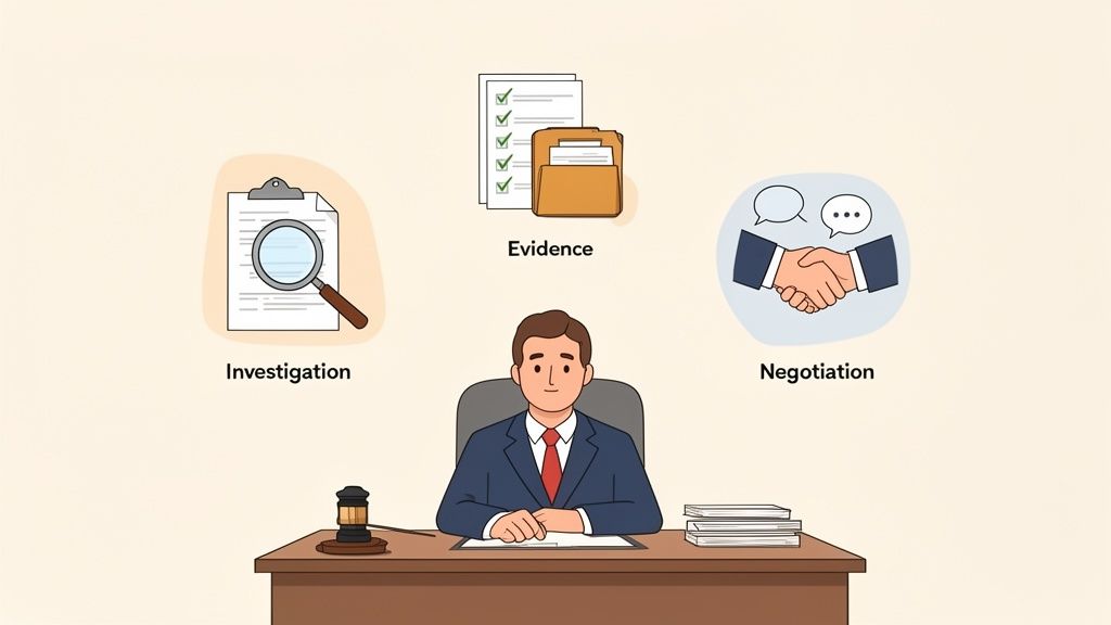 A cartoon showing a criminal lawyer at a desk with icons representing investigation, evidence, and negotiation.